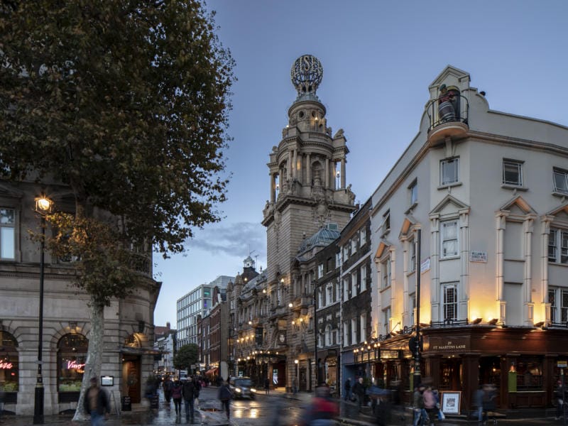 London Coliseum, view at twilight from Trafalgar Square
