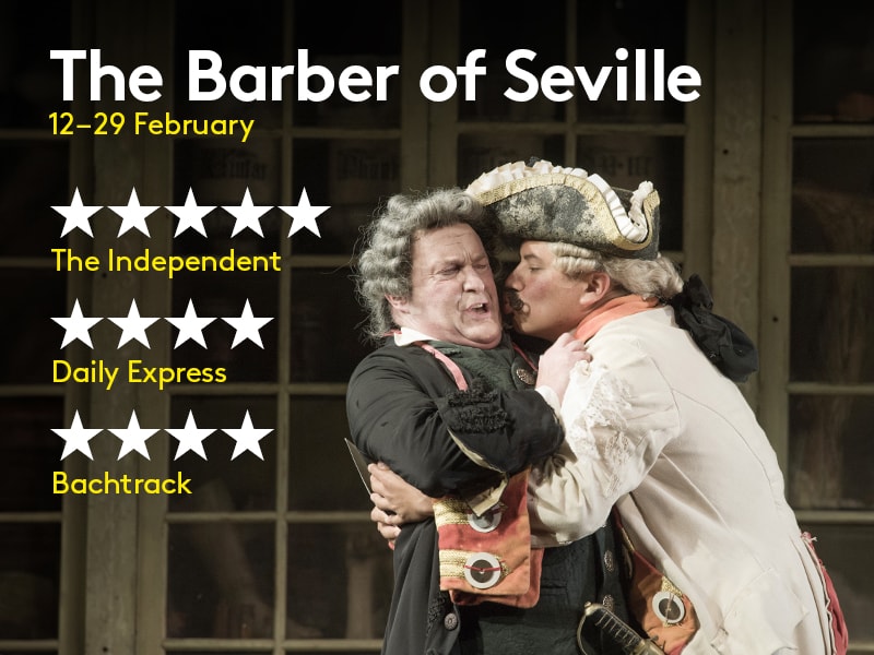 Image from ENO's performance of The Barber of Seville with 4 & 5 star reviews from leading UK newspapers.